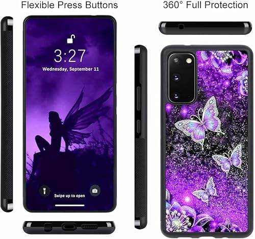 Miniatura 2 de OOK Diseños para Samsung Galaxy S20 Funda Glitter Púrpura Mariposa Nebulosa Diseño Espacio PC Duro+Soft TPU Bumper Antideslizante Ultra Delgada