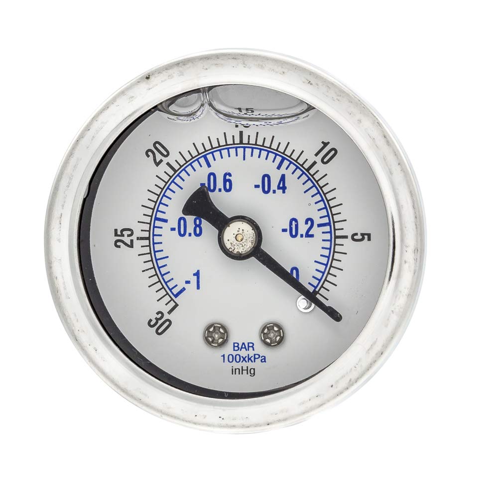 Liquid Filled Center Back Mount Pressure Gauge with 1.5" Dial, 30" Hg VAC/0 PSI, (-30-0 PSI), 1/8" Male NPT, Stainless Steel CASE and Bezel (1)