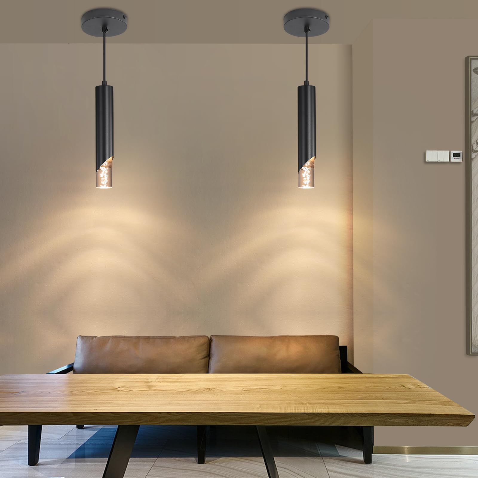 Paquete de 2 luces colgantes minimalistas para isla de cocina, lámpara colgante lineal moderna negra, acrílico de burbujas, ajustable 2700K/4500K/6500K, lámpara de techo LED para comedor, mesita de 2