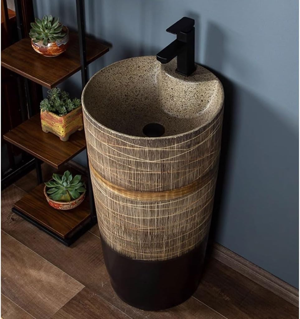 Bathroom Countertop Vessel Sink Ceramic Pedestal Basin Outdoor Courtyard Cylindrical Wash Balcony Integrated Floor-standing Retro Pedestal Sink Vanity