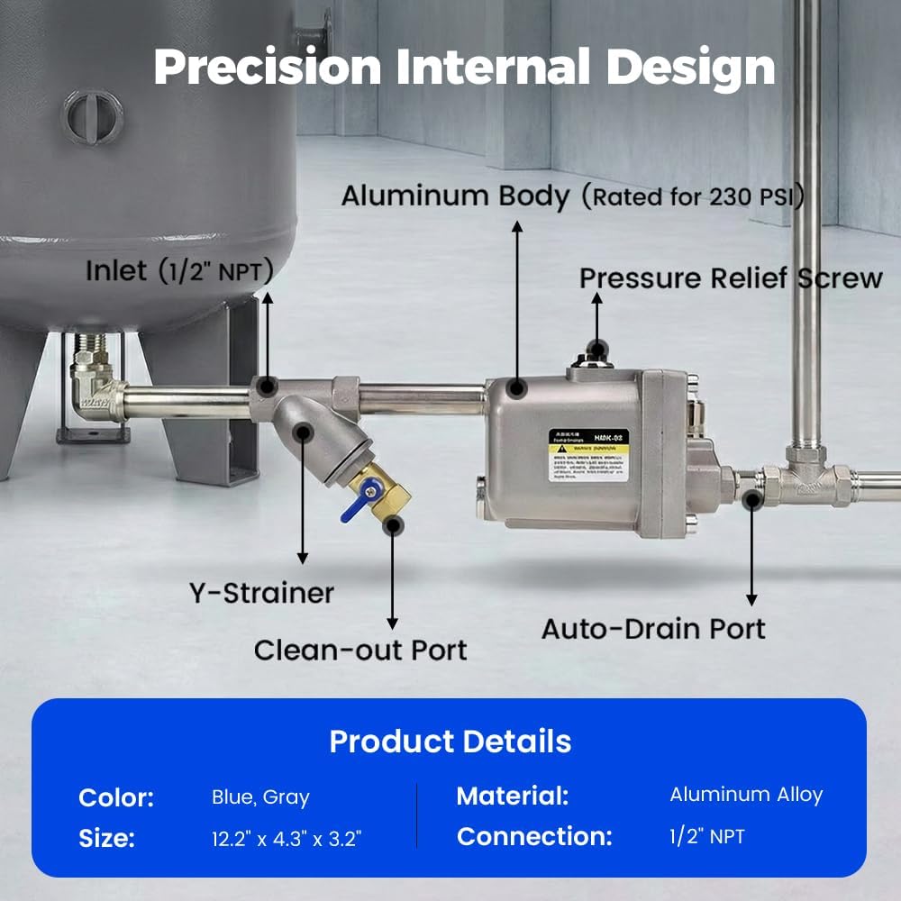 Air Compressor Automatic Drain Valve, WBK-58 WBK-20 Zero Air Loss Drainer,G1/2,1.6Mpa Double-Layer Filtration Anti-Blocking for Gas Storage Tank & Air Pump (WBK-58)