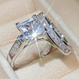 CUSIOALQQ 2 stuks 925 sterling zilveren paar ringen voor minnaar, 925 sterling zilver kussen gesneden vierkante halo solitaire verlovingsringen, prinses gesneden bruidsset zirkonia trouwringen