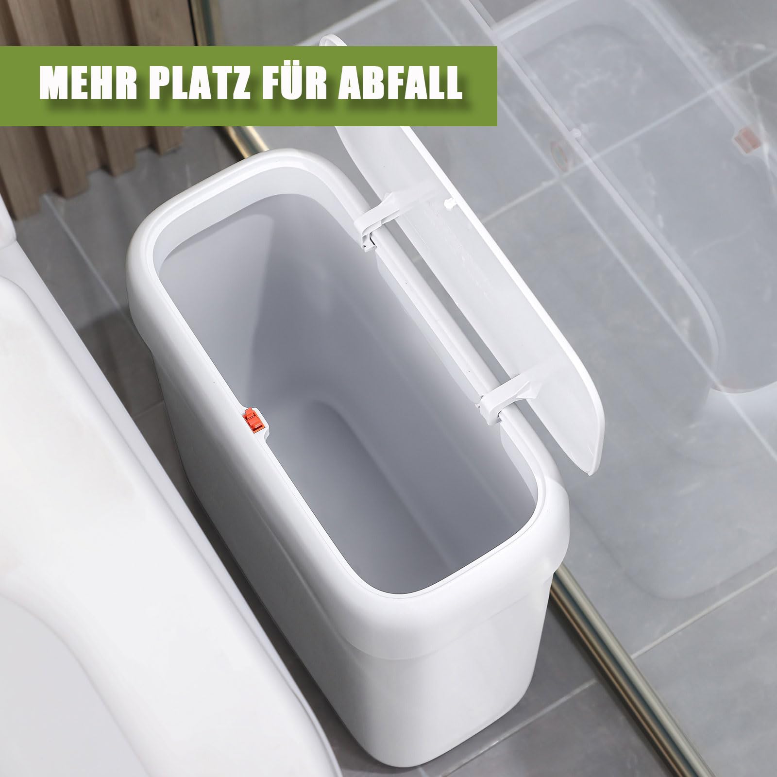 funest Mülleimer Bad mit Deckel, Schmaler Badmülleimer Weiß, Kleiner Mülleimer mit Druckknopf-Deckel, Abfalleimer Badezimmer für WC, Küche, Schlafzimmer, Wohnmobil und Büro, 8,5L
