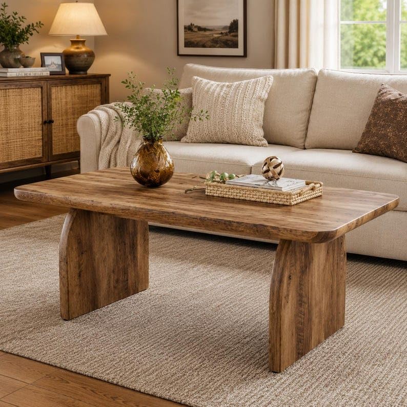 Image of Sheesham Wood Coffee Table | Modern Center Table for Living Room, Lounge & Office | Solid Wooden Cocktail Table with Curved Panel Base Design | Teak Natural