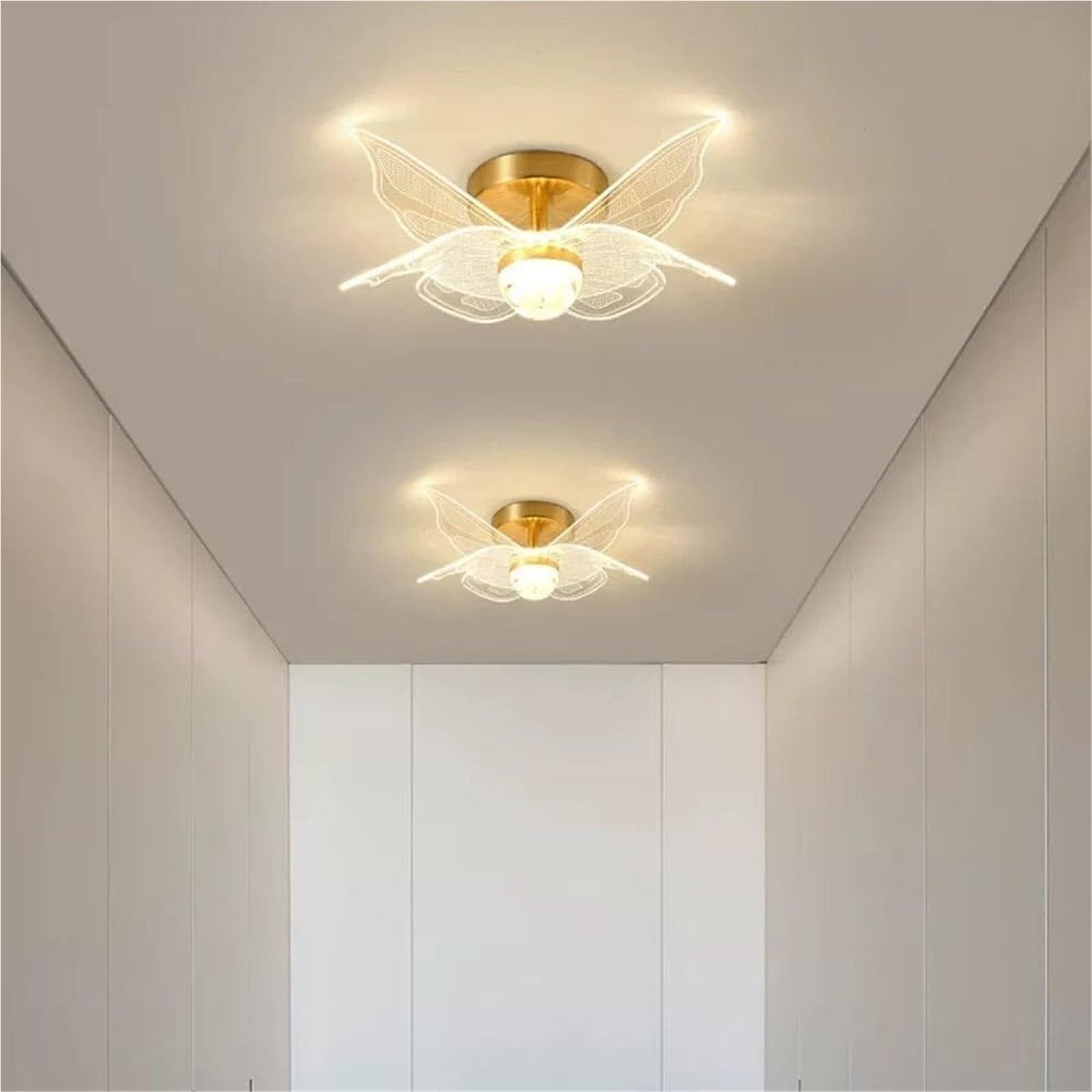 JingNian Lampa sufitowa w złotym motylu w stylu francuskim Akrylowy klosz, 3 kolory do ściemniania, półwpuszczana do sypialni, pokoju dziecięcego, przedpokoju