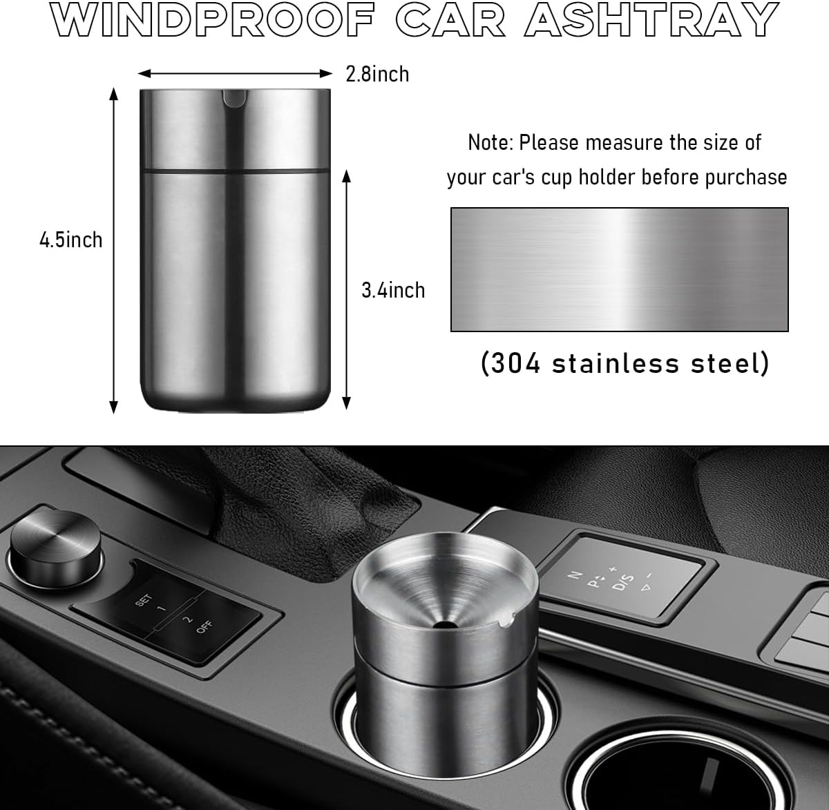 Ohleats Portable Stainless Steel Auto Ash Tray, Detachable Smokeless Ashtray Trash Can, Universal Car Interior Accessory (Large)