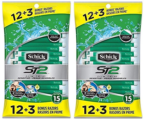 Schick ST2 Slim Twin Men's Sensitive Disposable Razors, 12 Razors + 3 Bonus (2-Pack)