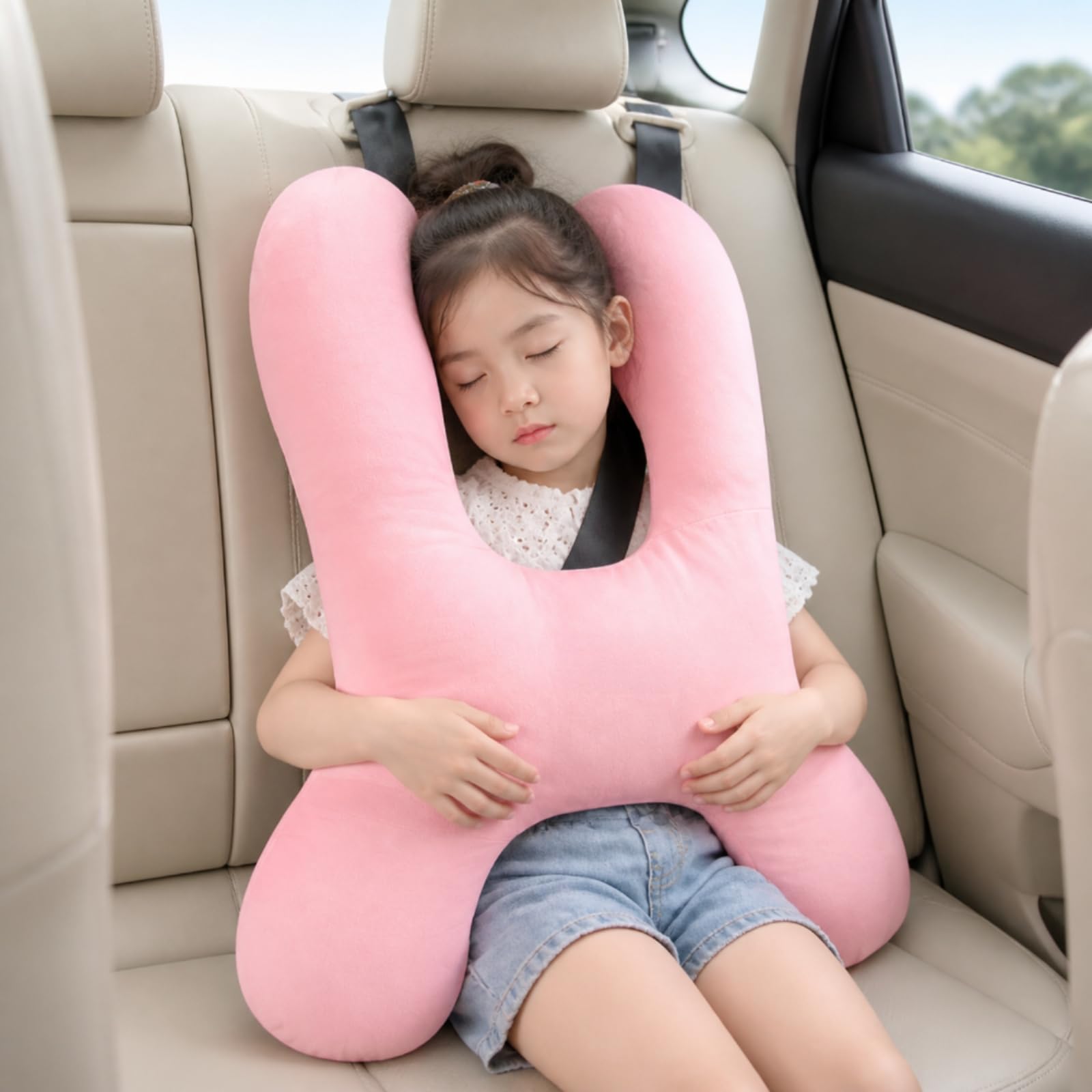 Cuscino con Cuscini Laterali Rialzati Morbido Poggiatesta Delicato Pelle per Bambini, Sedile Posteri Auto, Viaggi, Tipo H