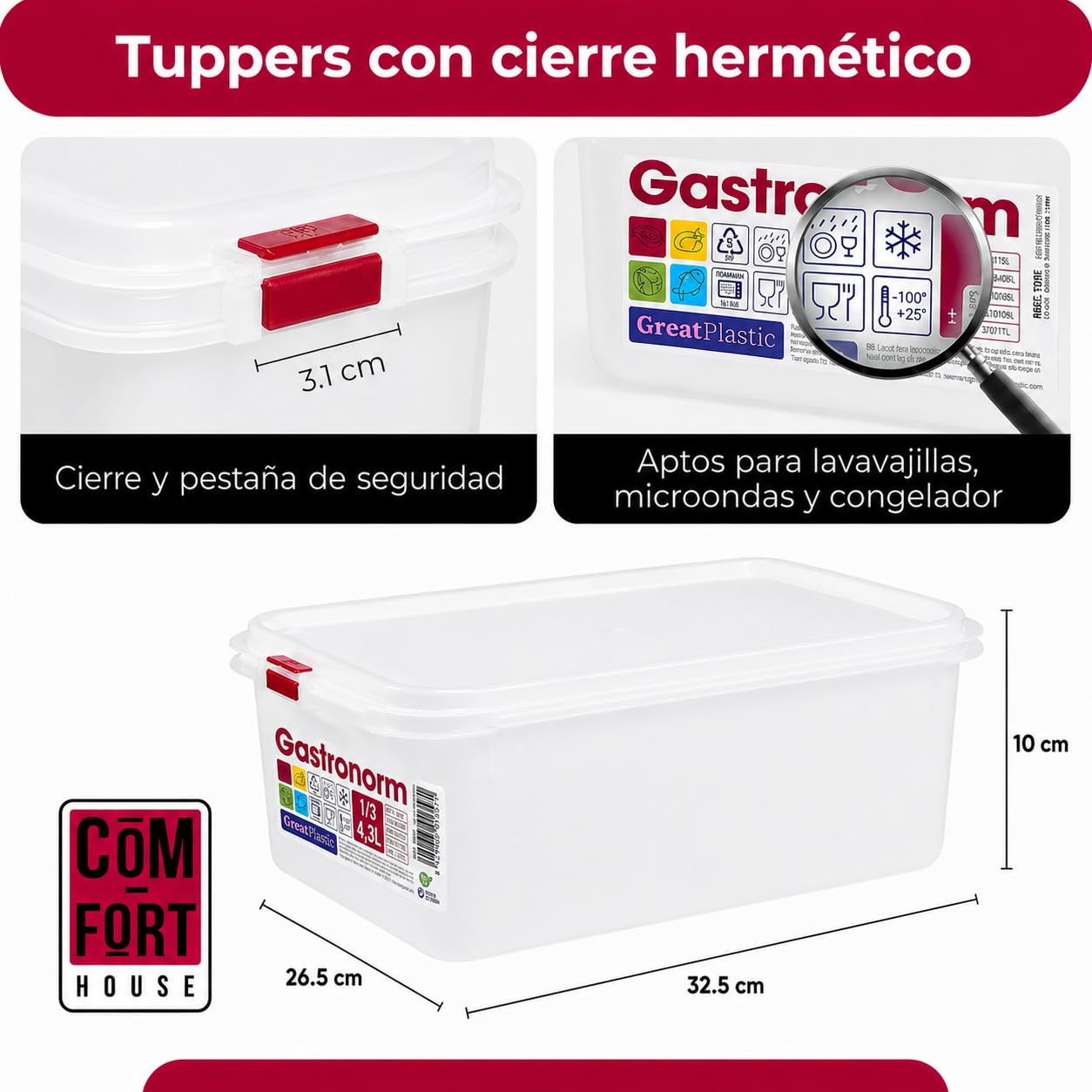 COM-FORT HOUSE Tupper Rettangolare 6,8 L con coperchio, confezione da 3