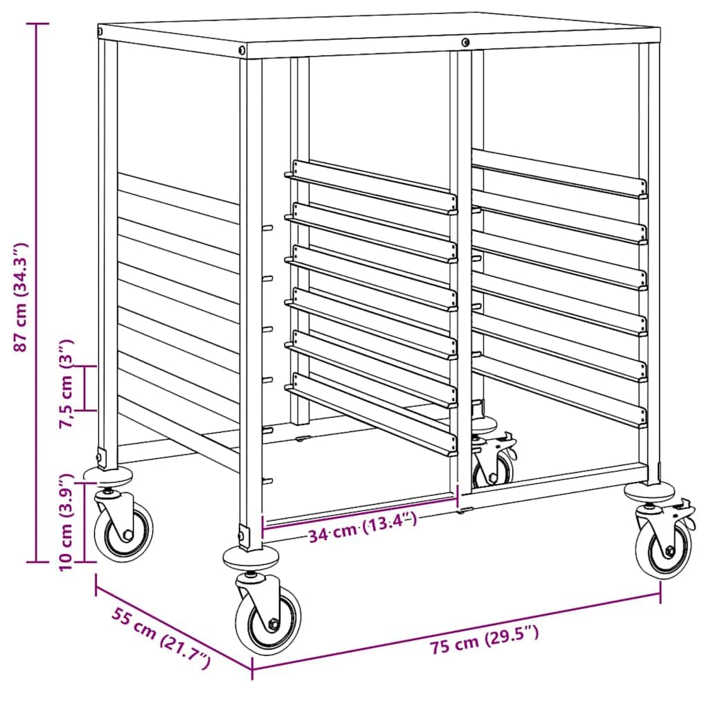 Carrello per vassoi in acciaio inox con 12 contenitori GN 1/1, 75 x 55 x 87 cm, 4 ruote con freni, carrello da cucina, carrello da portata per riporre e organizzare la gastronomia
