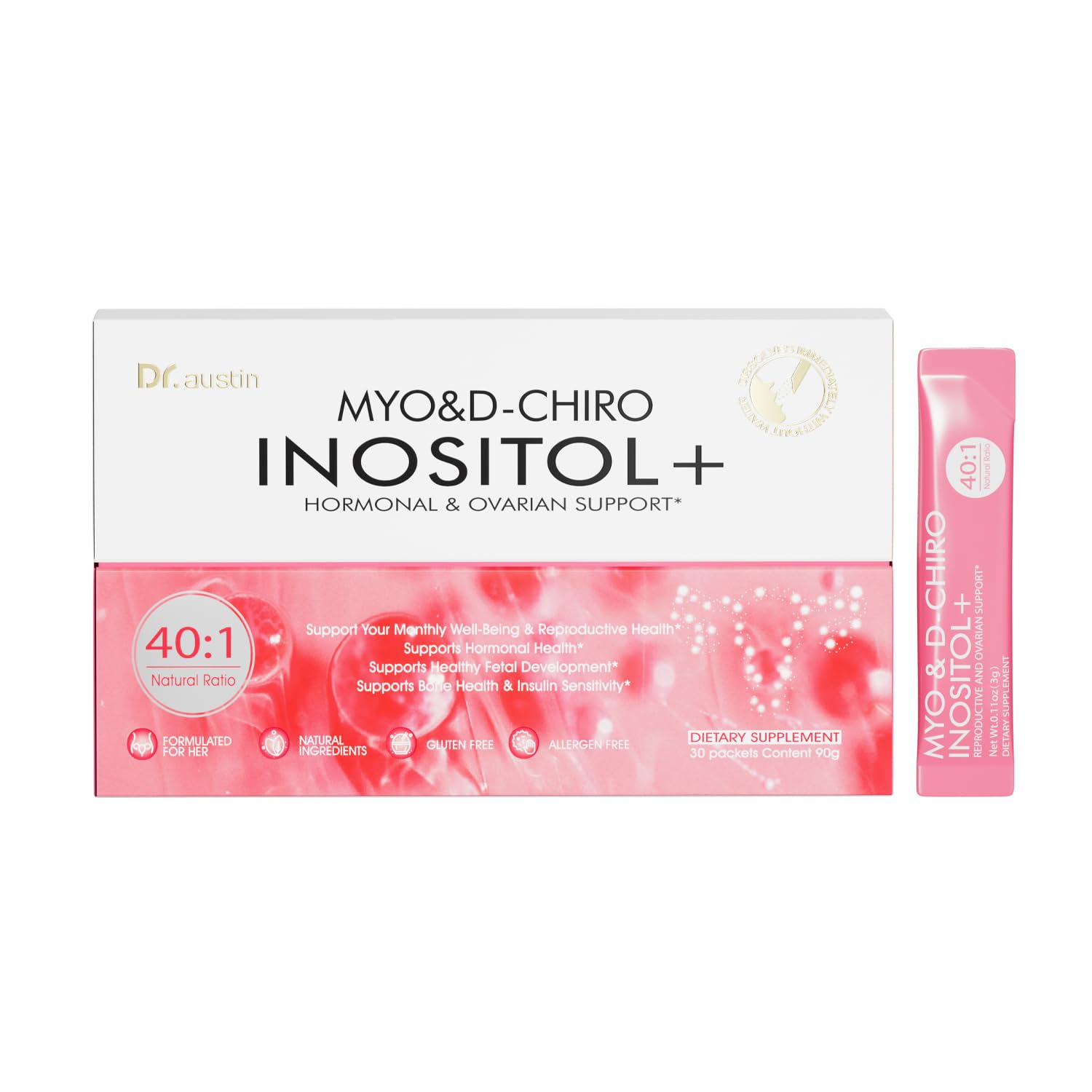 DR.AUSTIN Suplemento de Inositol em Pó Myo-inositol e D-chiro-inositol 40:1, 30 sachês