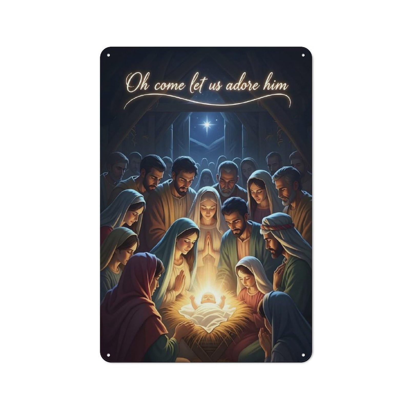 Metal Wall Sign 30x20cm Featuring Nativity Scene Oh Come Let Us Adore for Café Or Restaurant, for An Autumn Wall Display in Café And Restaurant