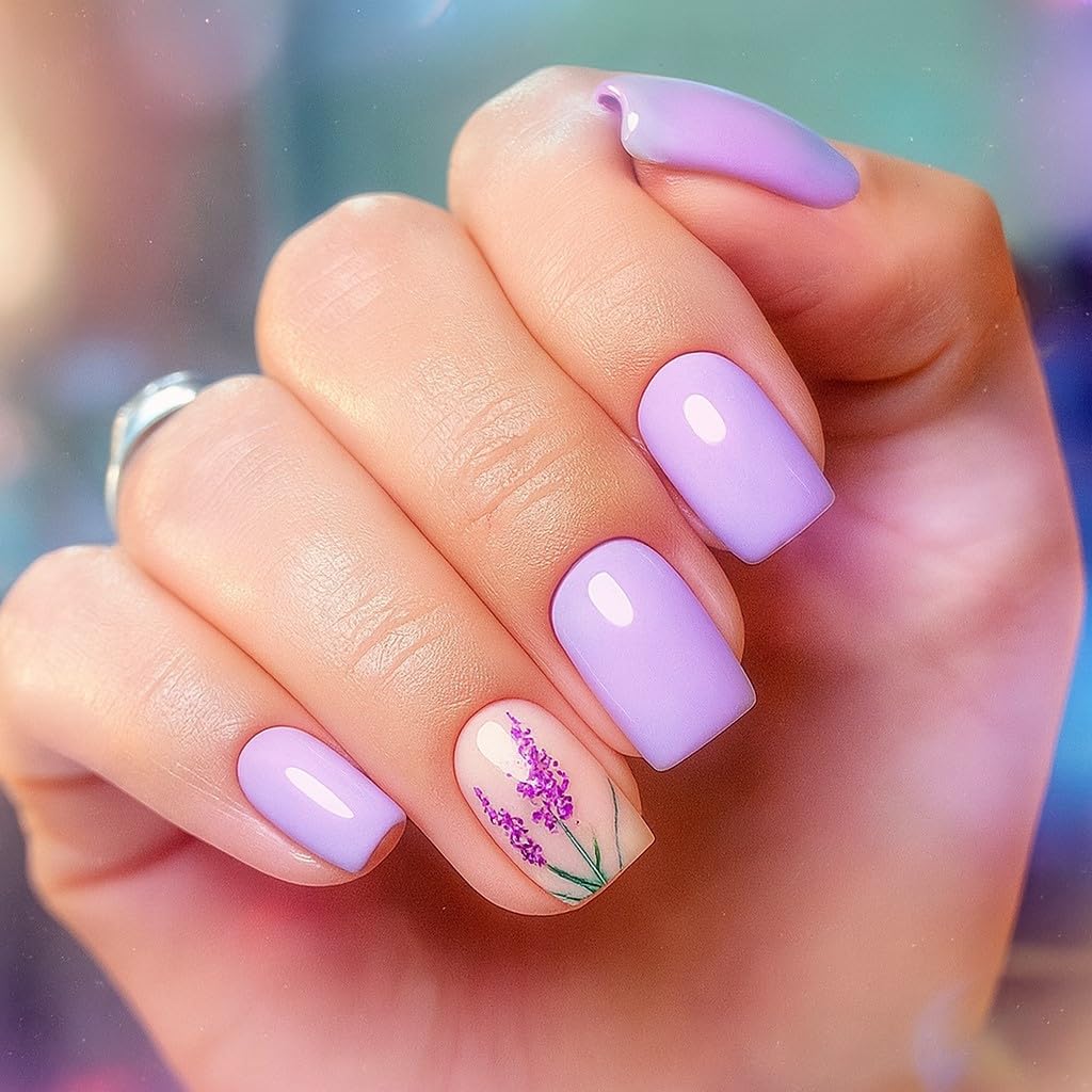 Lavender Floral Nail Art Design, Square Shape Press-on Nails, Light Purple Manicure Set-image-34