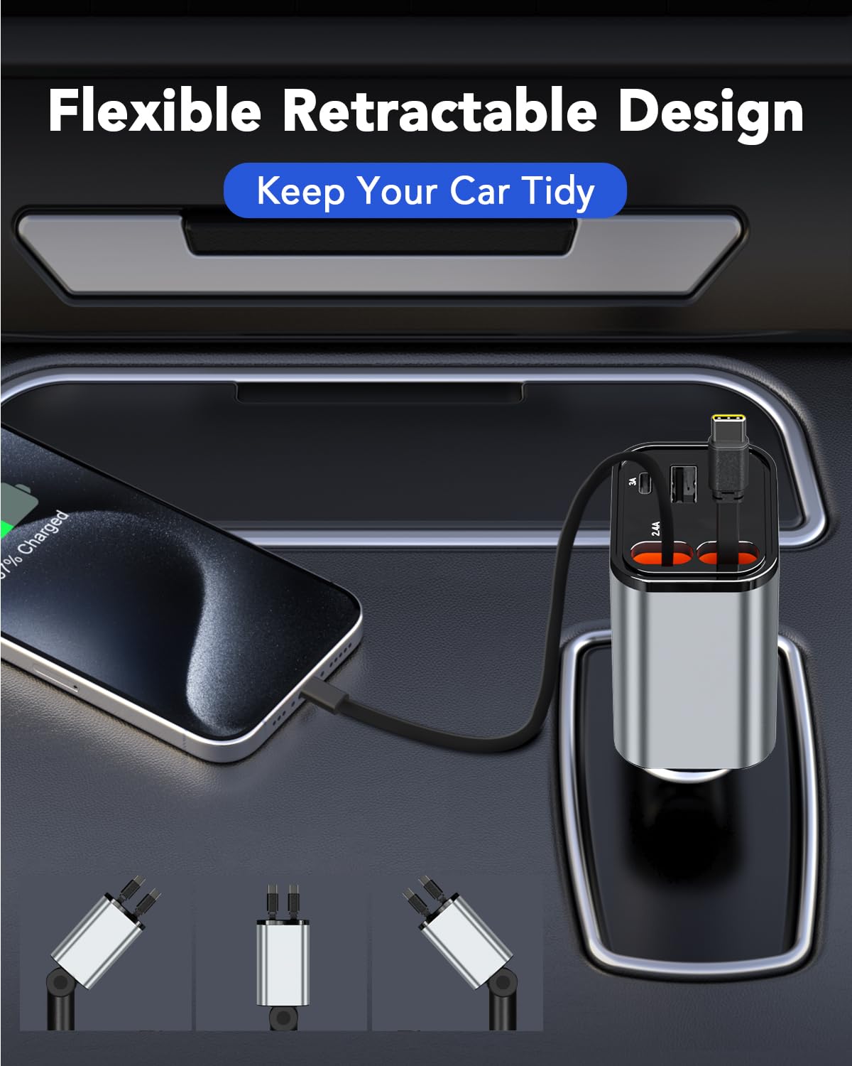 Aimtel Einziehbares Auto-Ladegerät, USB-Kfz-Ladekabel (2,6 Ft) und 2 USB-Anschlüsse, Auto-Ladegerät, kompatibel mit iPhone 17/17Air/Galaxy/Google/Huawei/Tablet