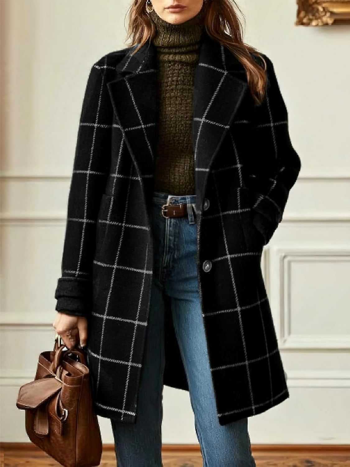 ebossy Women's Retro Plaid Pea Coat Notched Lapel Button Up Wool Blend Mid Long Overcoat with Pockets - Image 2