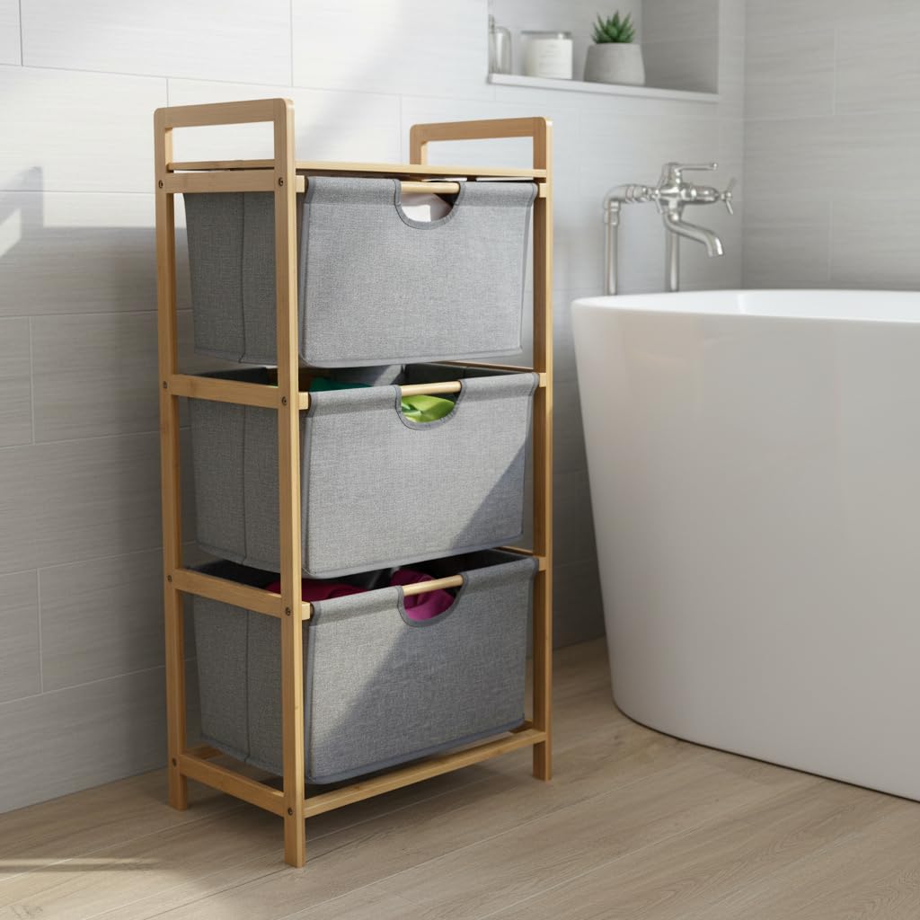 Deconox Doğal Bambu 3 Katlı Organizer Raf 43x33x98 cm - Çok Amaçlı Banyo Mutfak ve Balkon Düzenleyici