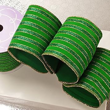 4" X 10 Yards Emerald Regal Stripes Velvet Wired Ribbon Christmas