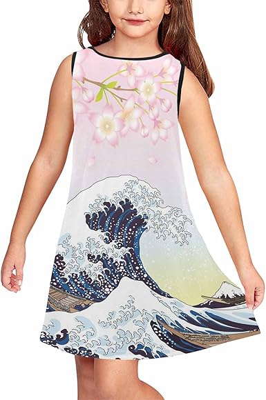 Amazon Com Interestprint Japanese Cherry Wave Girls Casual Party Sleeveless Midi Dress Basic Toddler Playwear Dress Clothing Shoes Jewelry