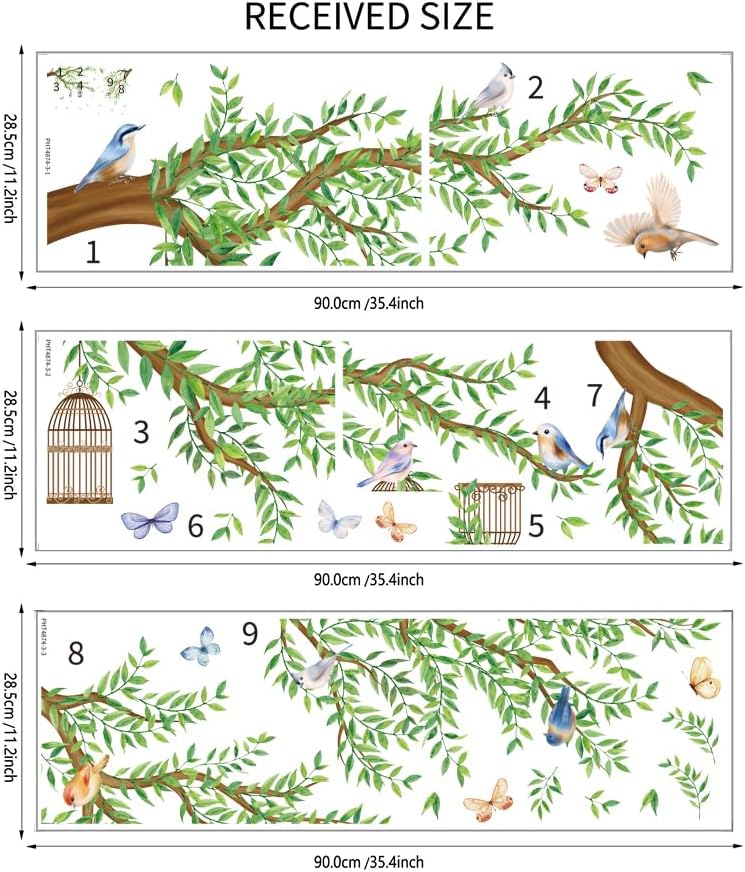 Green Tree Branch Wall Decals Hanging Vine Tree Wall Stickers Green Leaves Birds Wallpaper DIY Vinyl Peel and Stick Wall Art Decals for Bedroom Living Room