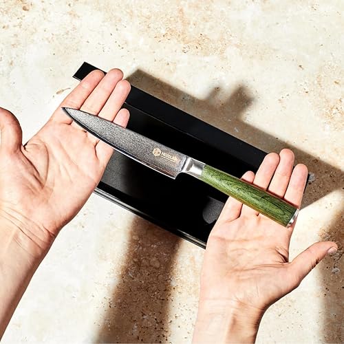 Miniatura 7 de HexClad Cuchillo utilitario, hoja japonesa de acero inoxidable de Damasco de 5 pulgadas, mango de madera de Pakkawood