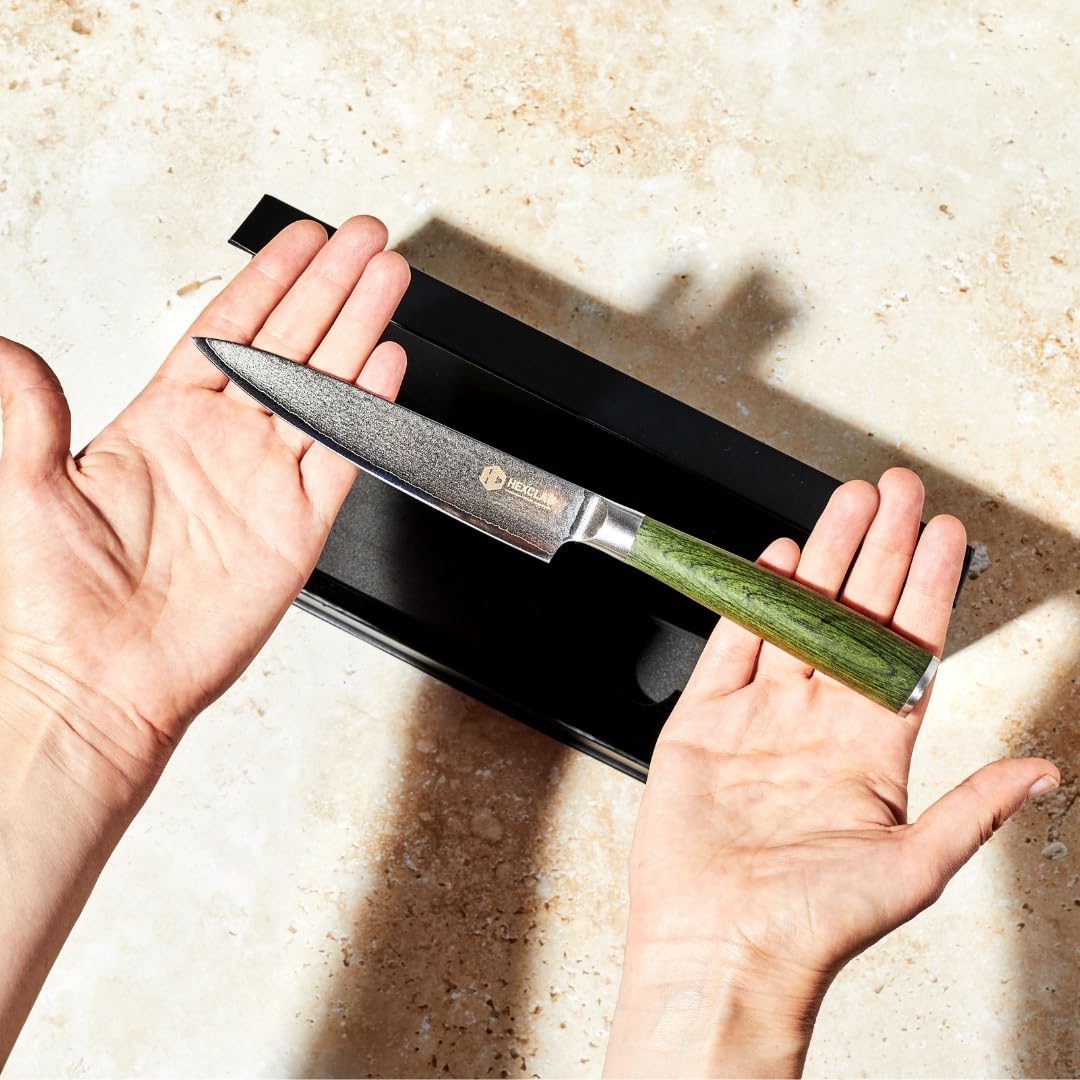 HexClad Utility Knife, 13 cm Japanese Damascus Stainless Steel Blade Full Tang Construction, Pakkawood Handle