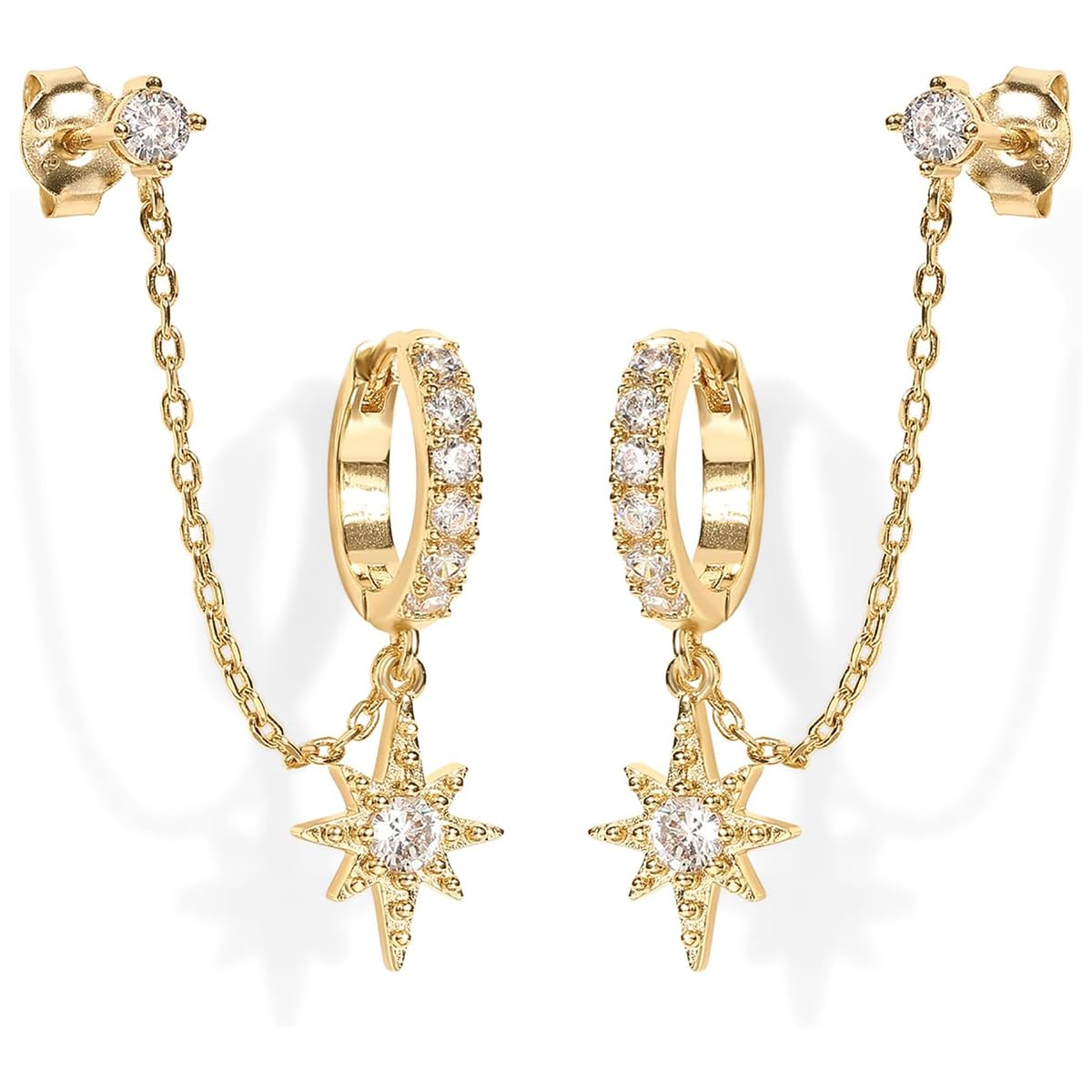 SANNIDHI® Earrings for Woman Gold Star Rhinestones Earring Double Piercing Dangle Chain Hoop Earrings Sparkling Stones Pendant Studs for Women
