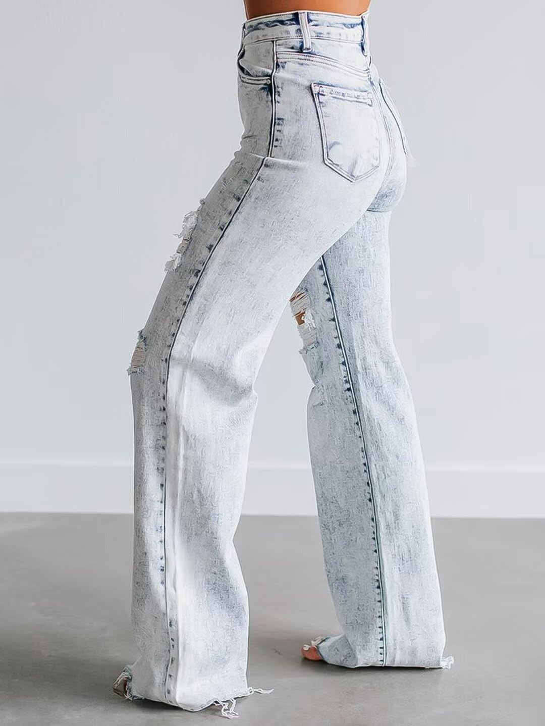 Flamingals Women's Ripped Bootcut Jeans Mid Rise Tummy Control Cut Out Raw Hem Denim Jeans - Image 3