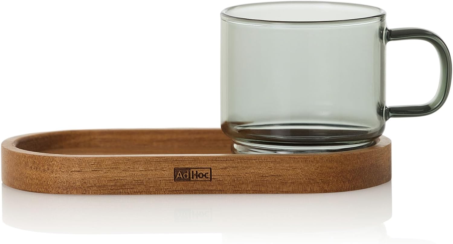 AdHoc Espresso Cup with Tray, 70ml Espresso Coffee Mug Made from Heat Resistant Borosilicate Glass with Acacia Wood Coaster