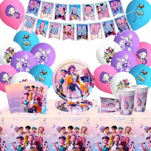 Kpop Decoraciones de Cumpleaños, 58 Pcs Vajilla de Fiesta Huntrix Kit de Decoración de Fiesta para Niños con Globos Pancarta Platos Vasos Servilletas Manteles