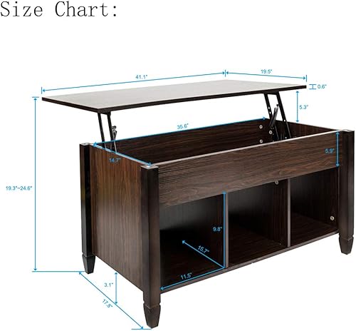 Miniatura 2 de Basic Houseware Mesa auxiliar elevable para sala de estar con compartimento oculto y 3 estantes de almacenamiento abiertos