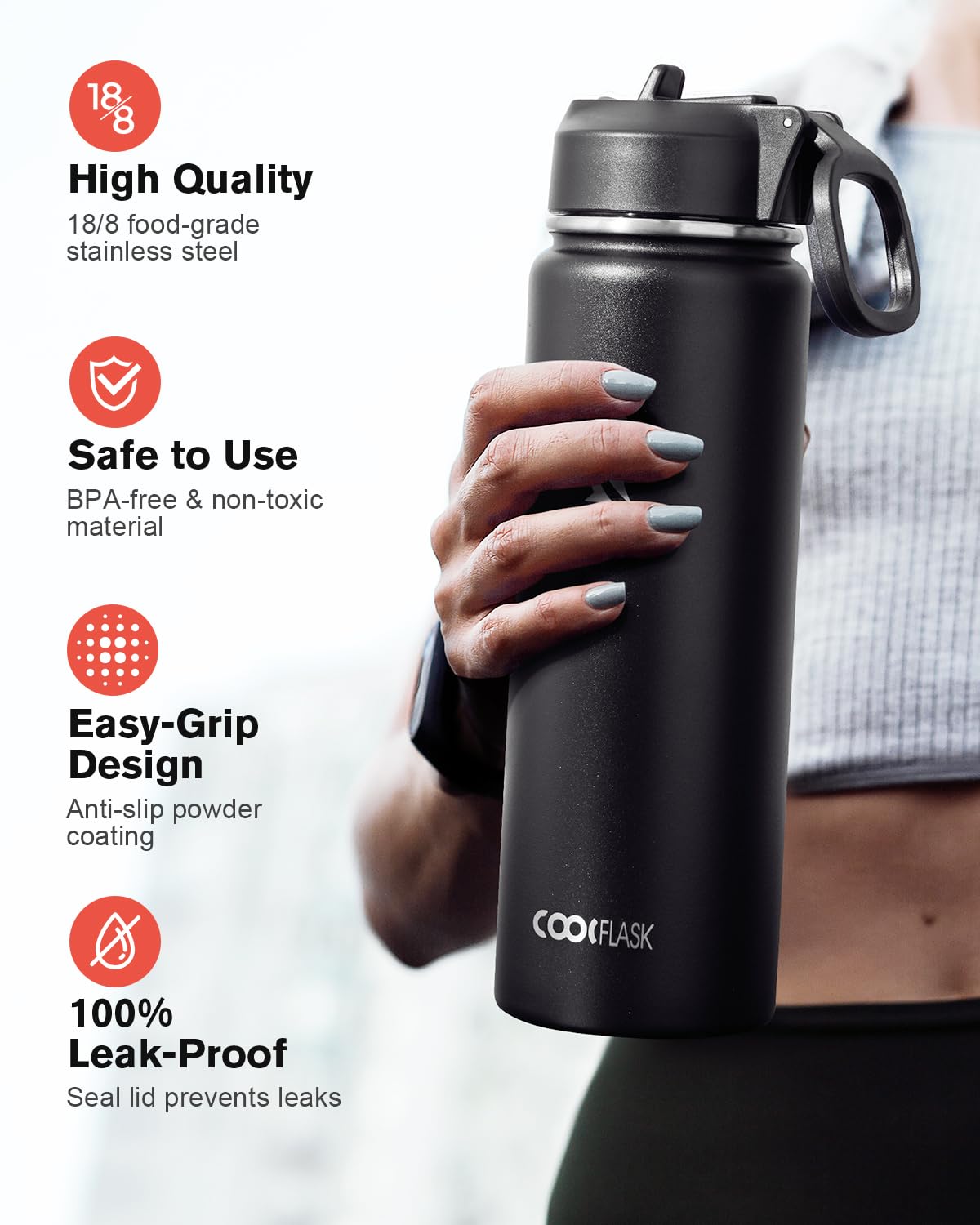Coolflask Borraccia termica da 590 ml, con cannuccia, in acciaio inox, con 3 coperchi, imboccatura larga, per sport o ufficio, senza BPA, mantiene il freddo fino a 48 ore o caldo fino a 24 ore, colore