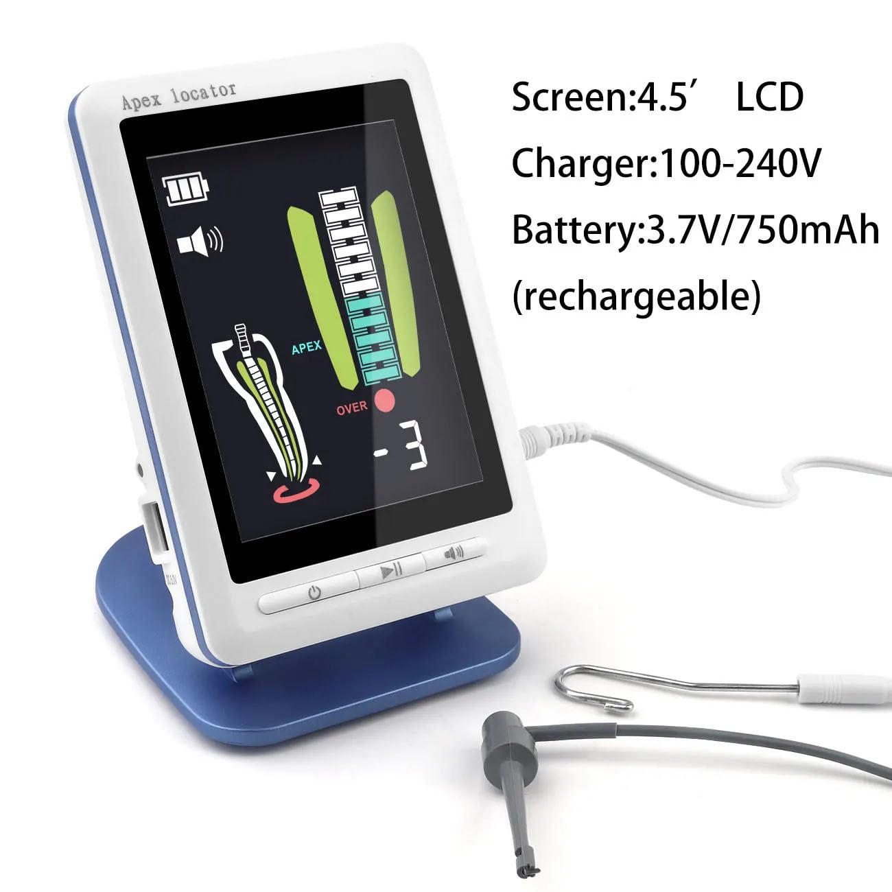 Endodontischer Apex-Locator Lokalisator 4.5"LCD Adjustable Wurzelkanal-Locator mit Alarmfunktion Wurzelkanalfinder Messinstrument für Zahnapikale geeignet Labore Zahnkliniken