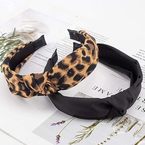 Miniatura 4 de 2 diademas para mujeres, diadema de leopardo, diadema anudada para niñas, diadema ancha antideslizante, accesorios elásticos para el cabello (negro,