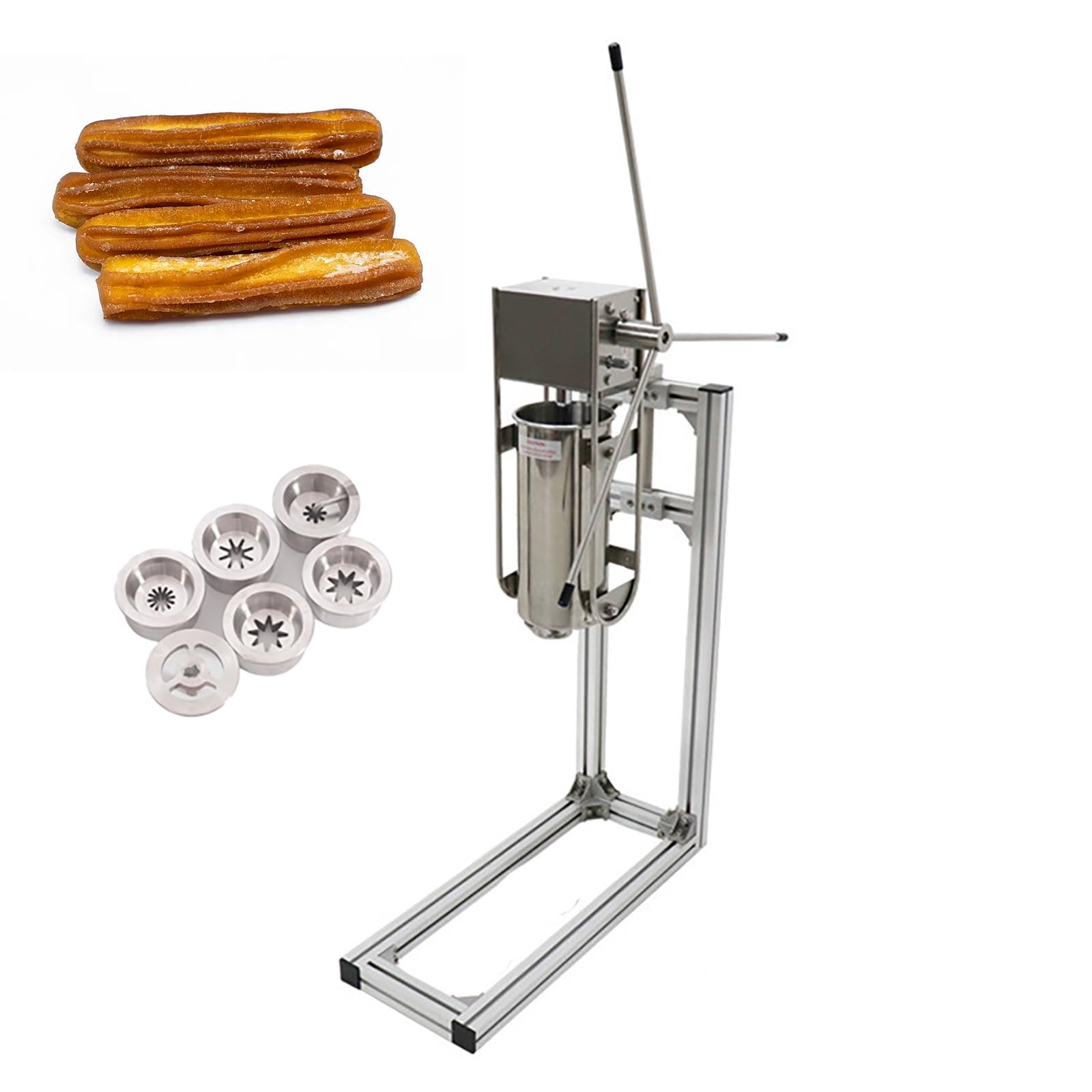 Churro Maker Machine - Churrera manual de acero inoxidable con 6 boquillas y soporte para uso doméstico