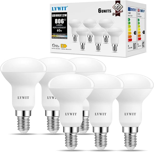 LVWIT E14 Led Light Bulb r50, 7.2W R50 Reflector Bulb Small Screws 60W Incandescent E14 Bulb, 806LM,2700K Warm White E14 Low Energy Bulbs R50 120° Wide Angle, Non-dimmable (Pack of 6)