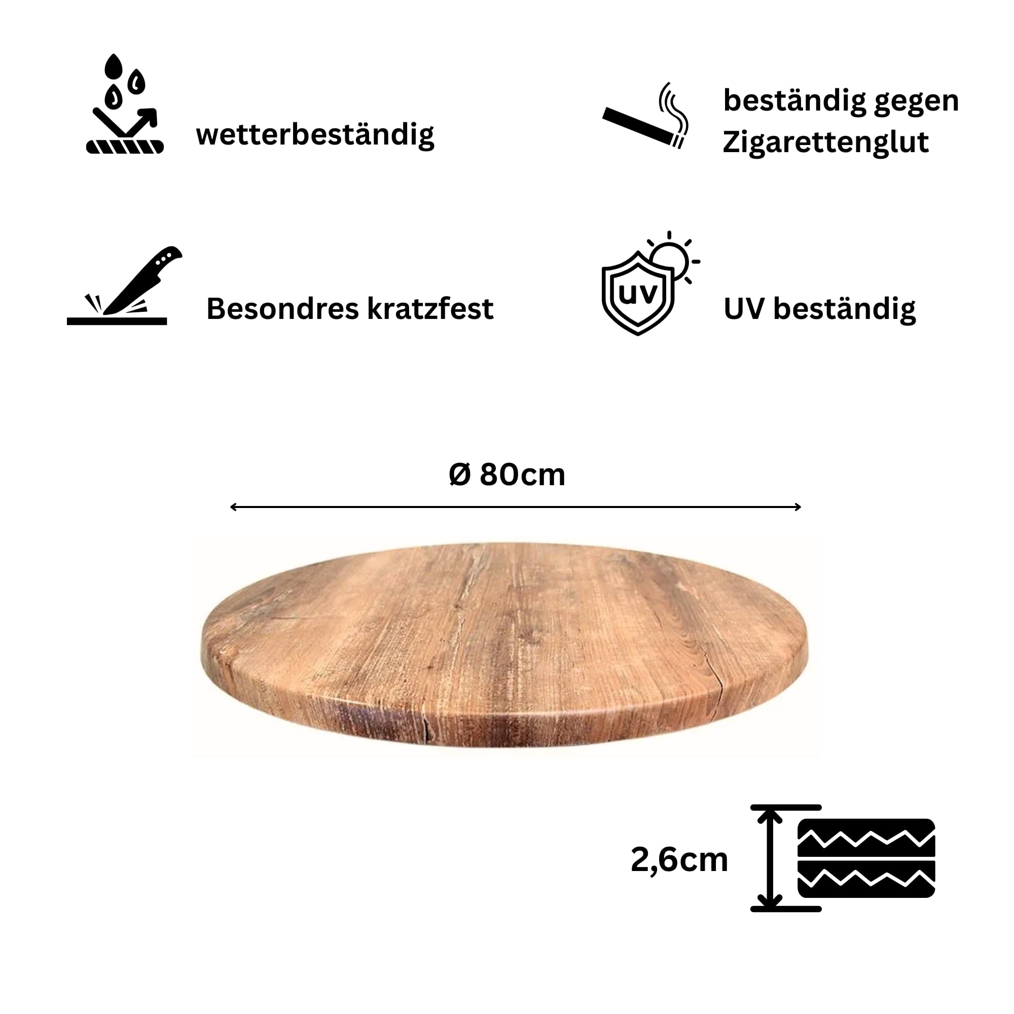 Acht & Acht Hochwertige Tischplatte Topalit – Ø80cm – 2,6 cm Dicke für Bistrotisch/Esstisch/für Outdoor und Indoor - Farbe: Atacama Cherry
