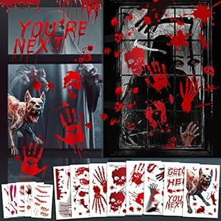 Halloween Decorations, Reusable Halloween Window Stickers with Zombie Scars Stickers, 85 PCS Bloody Handprint Decals Window Clings Stickers Floor Clings for Halloween Party, Scary Halloween Decoration