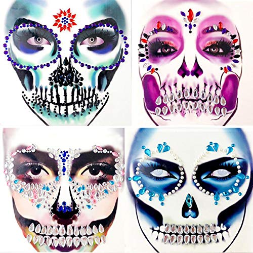 4 Pack Face Gems Jewels, Halloween Temporary Rhinestone Stickers, Day of The Dead Skull Face Tattoos, Crystals Body Gems Stick on Face for Carnival Festival, Party, Outfit, Performance (B)