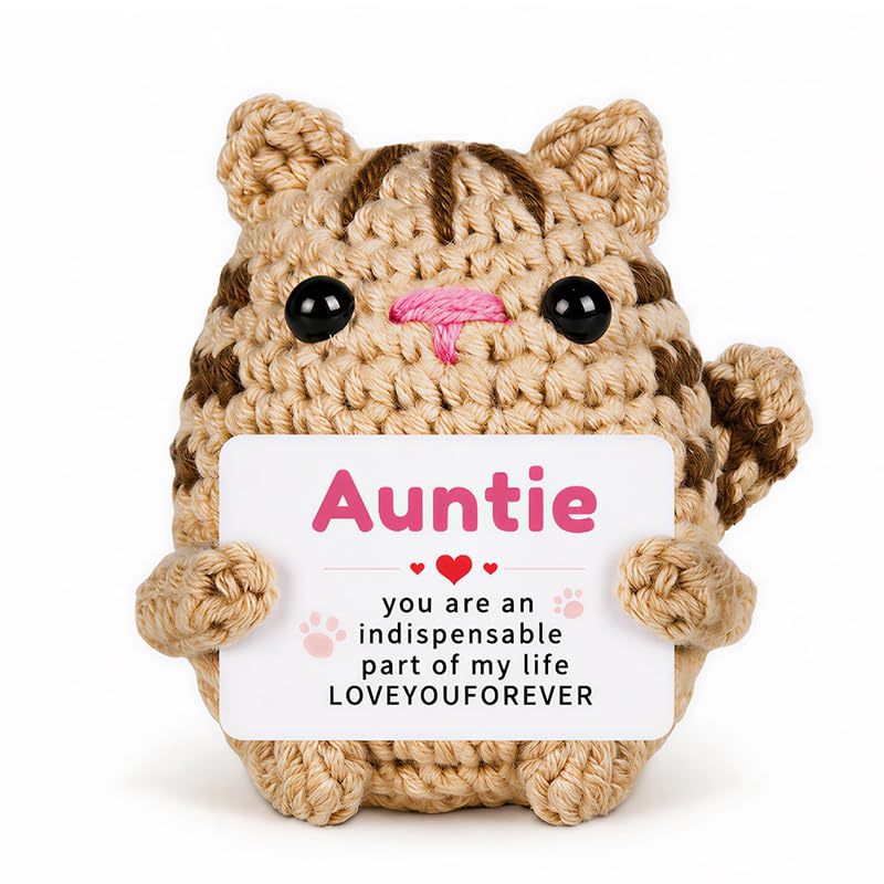 PUQGAOIP Best Auntie Gifts Handmade Crochet Cat, Heartfelt Auntie Birthday Gifts & Novelty Pocket Hug, Cute Emotional Support Crochet Companion Desk Ornament