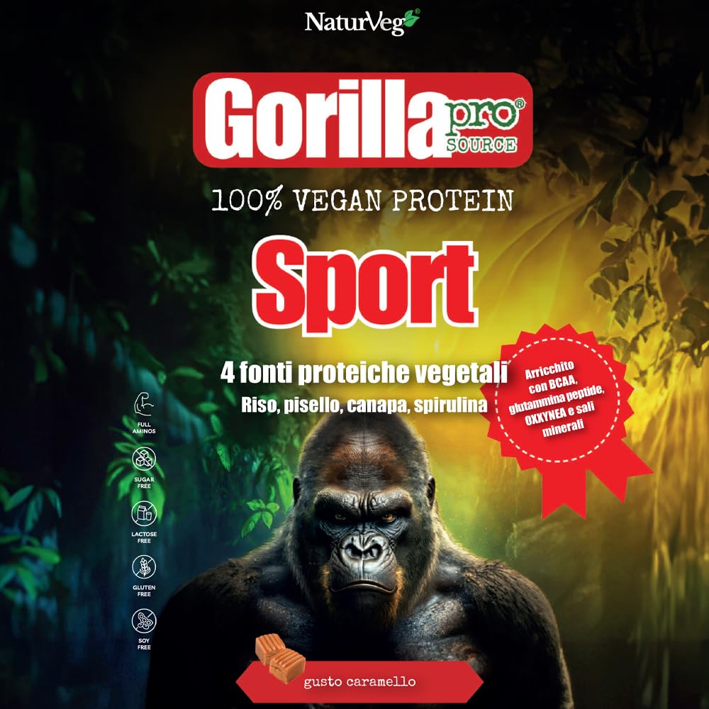 Naturveg® GORILLA PRO SOURCE Sport – Proteine in polvere Vegane da 1kg con BCAA, Glutammina, vitamine B, proteine vegetali di riso canapa, pisello e spirulina (1Kg, Caramello)