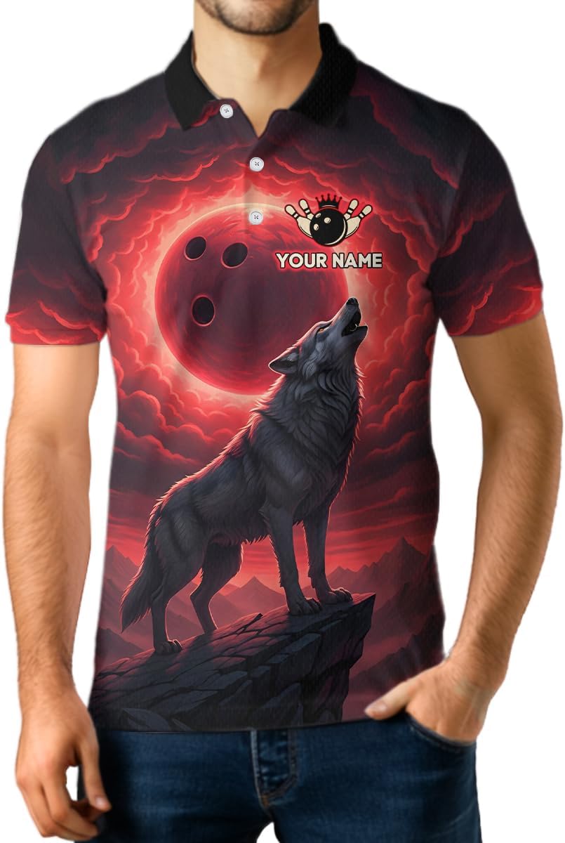 Wolf Bowling Shirts for Team Men Women Red Bowling Jersey Custom Bowling Polo and 1/4 Zip Bowling Shirt League