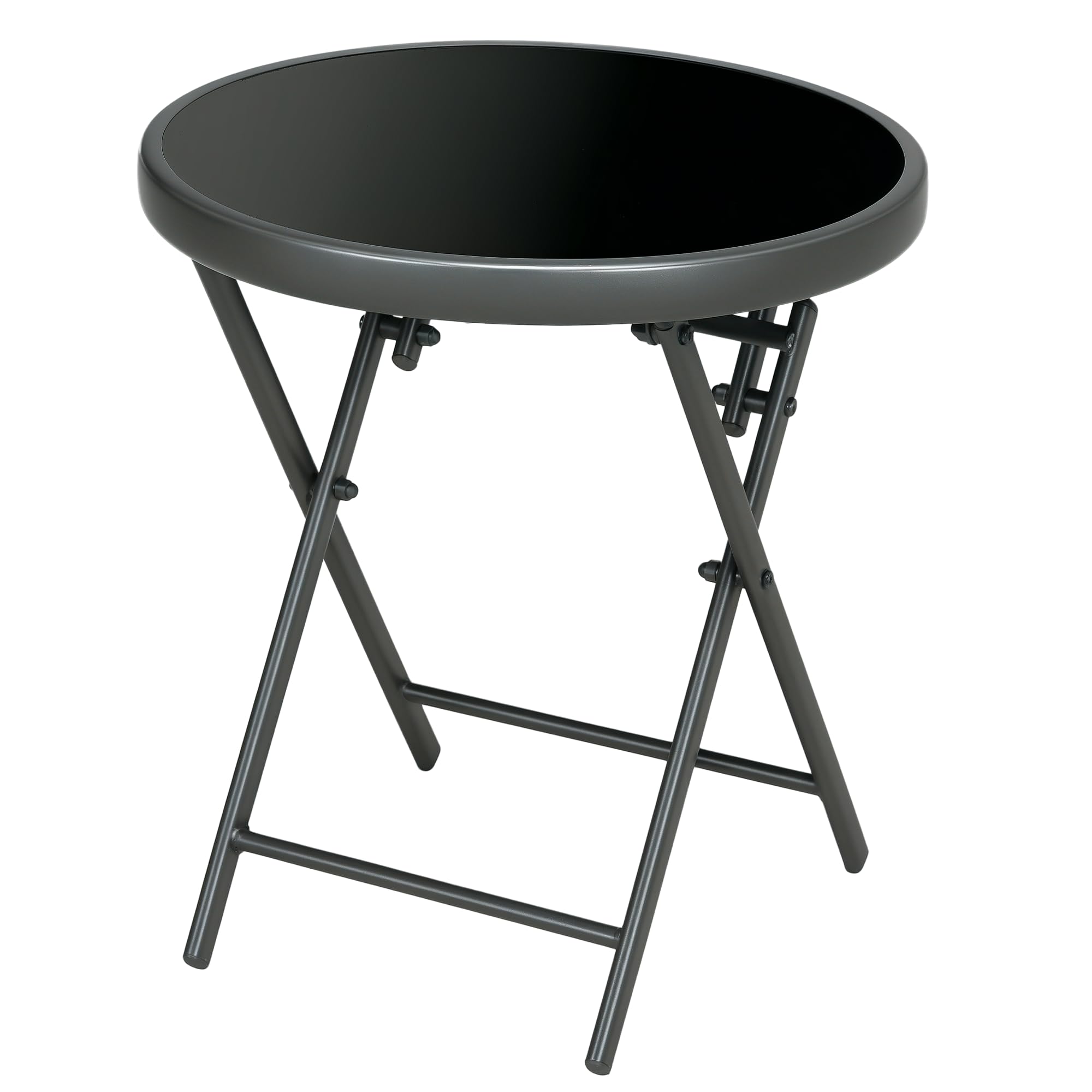 Outsunny Table Basse Pliante, Table d'appoint Pliante, Plateau en Verre trempé, Structure en métal, Table de Jardin, Ronde de 45cm, pour Patio Balcon Jardin, Noir