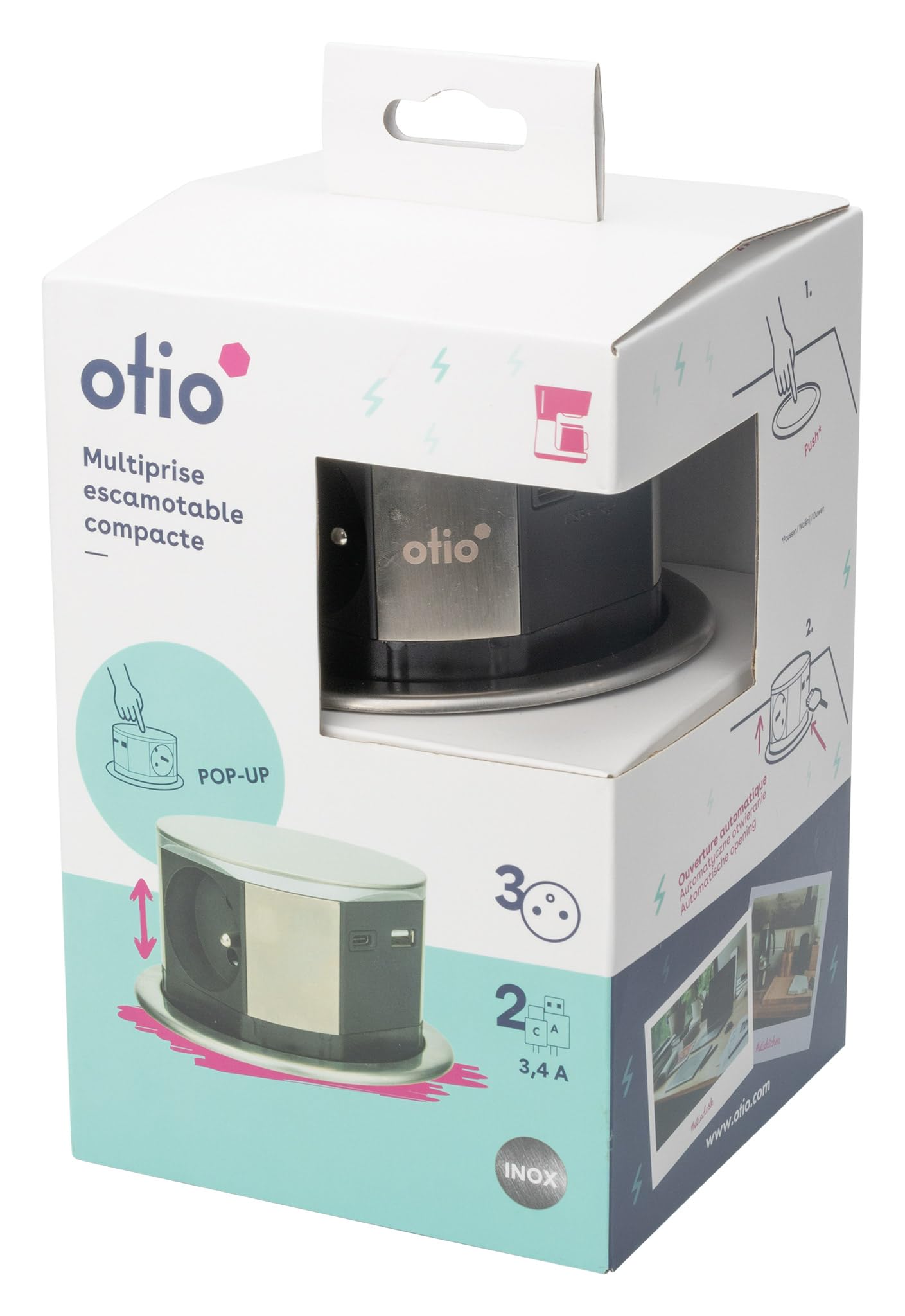 Otio - Bloc multiprise encastrable 3 Prises 16A 2P+T et 2 USB - Alu