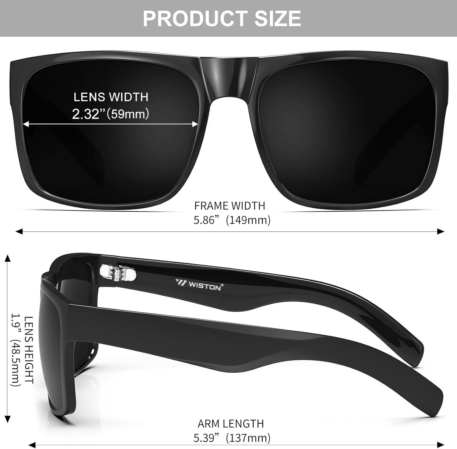 WISTON XL Big Wide Head Mens Dark Black Sunglasses for Men Extra Large Square Sun Glasses 149mm W8004 - Image 6