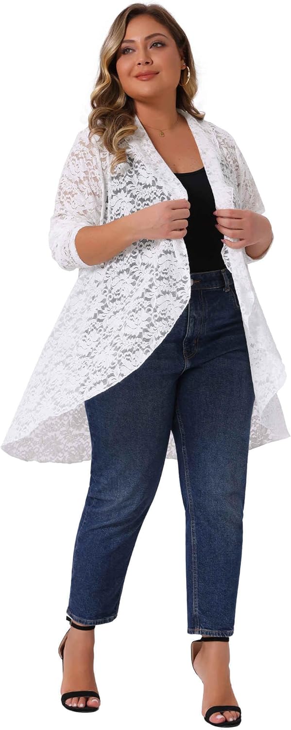 Agnes Orinda Plus Size Lace Cardigan for Women Ruffle Cardigans Open Front Long Sleeve Sheer Lace Crochet Cover Up - Image 3