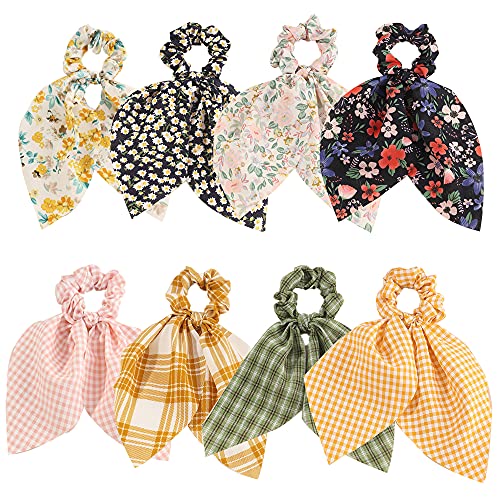 8 Pcs Scarf Hair Scrunchies with Temperament Floral MGPFERD Chiffon Retro Plaid Hair Ties Ribbon Hair Band Ponytail Holder for Women