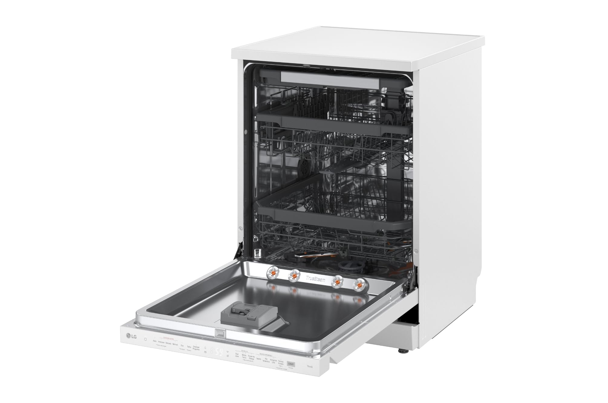 LG DF375HWS Lavastoviglie Libera Installazione Classe A, 14 Coperti, Lavaggio a Vapore TrueSteam, LED Esterno, Sistema QuadWash con 4 Bracci Irroratori, Serie 5, Auto-Apertura, 43dB, Wi-Fi, Bianco