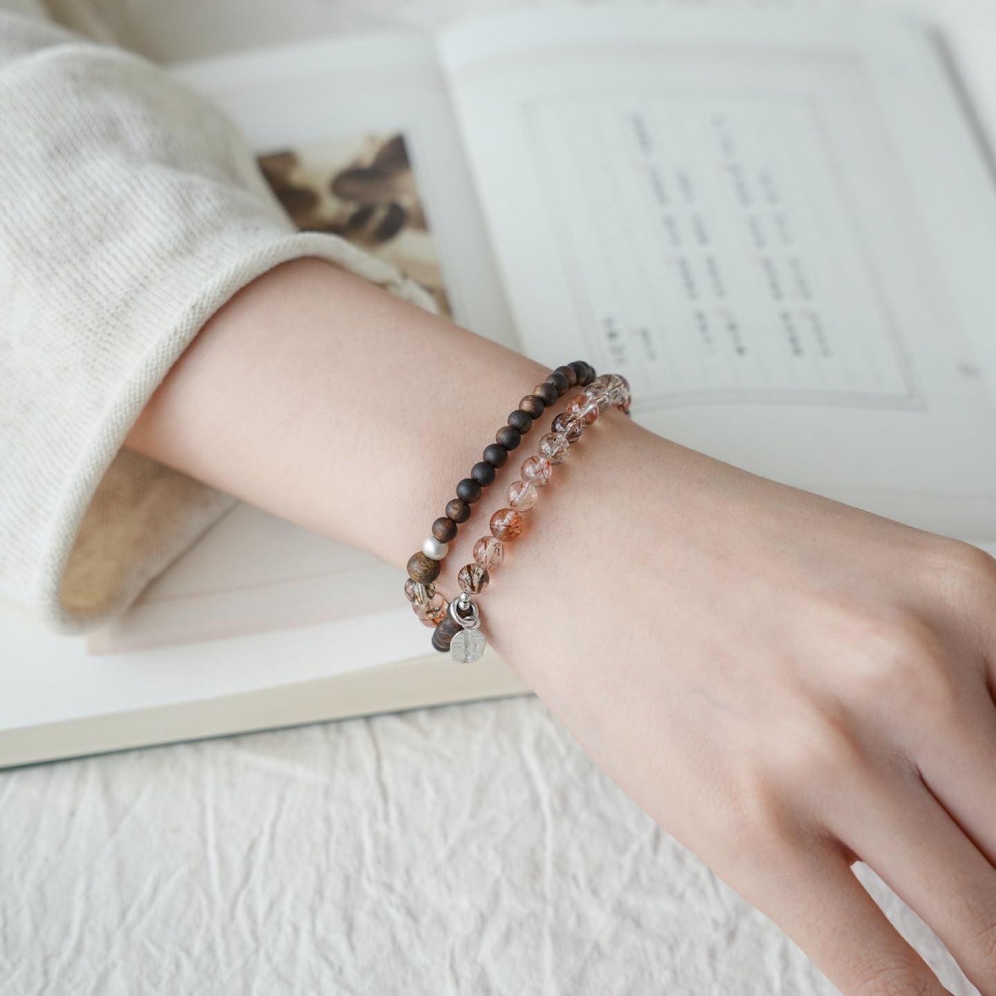 Pulsera Cuentas Pulsera De Doble Círculo De Madera Agar Y Cuarzo Rutilado Negro 5mm Serie Negra