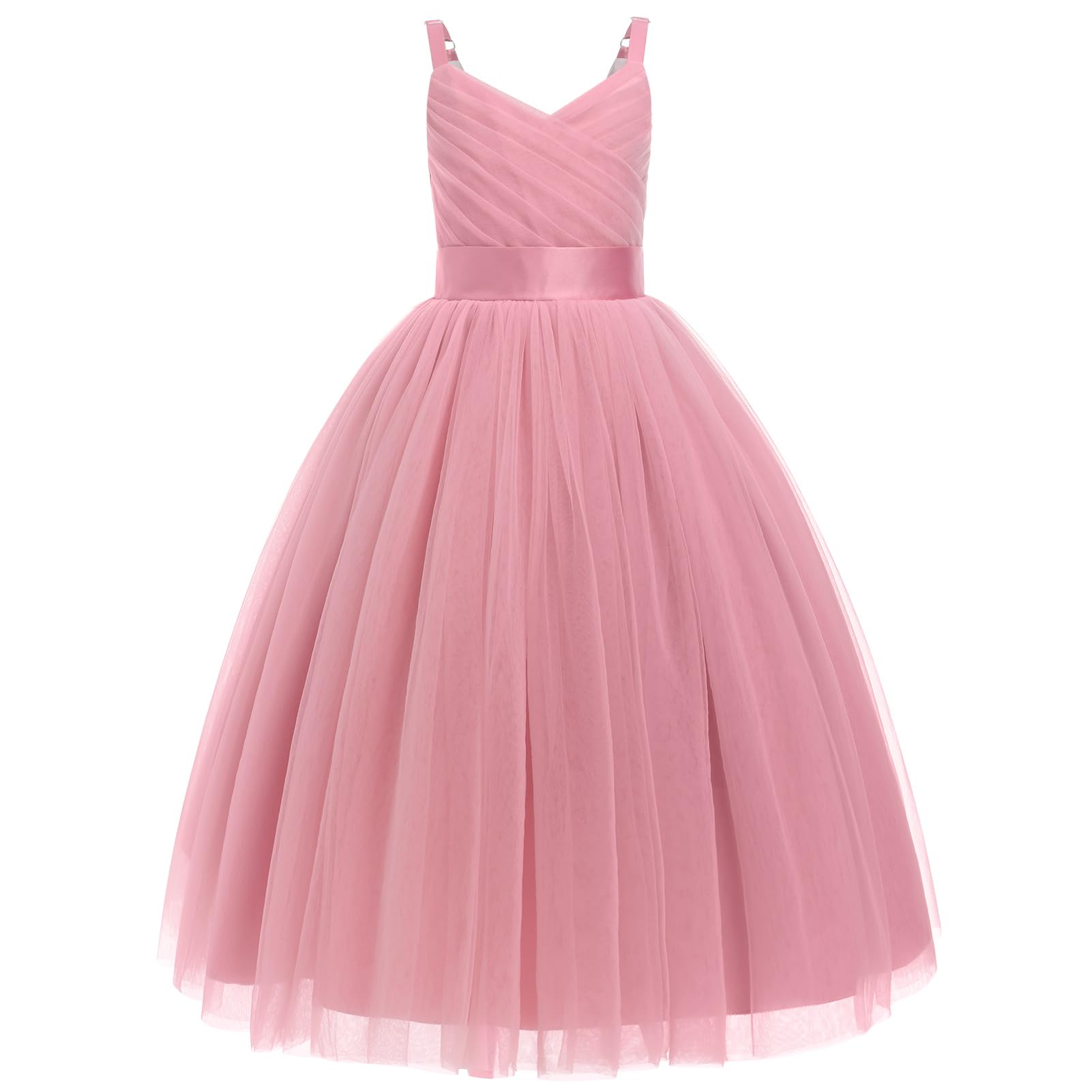 OBEEII Flower Girl Dress for Wedding Pleated V Neck Satin Tulle Princess Dress Junior Bridesmaids Pageant Formal Ball Gown