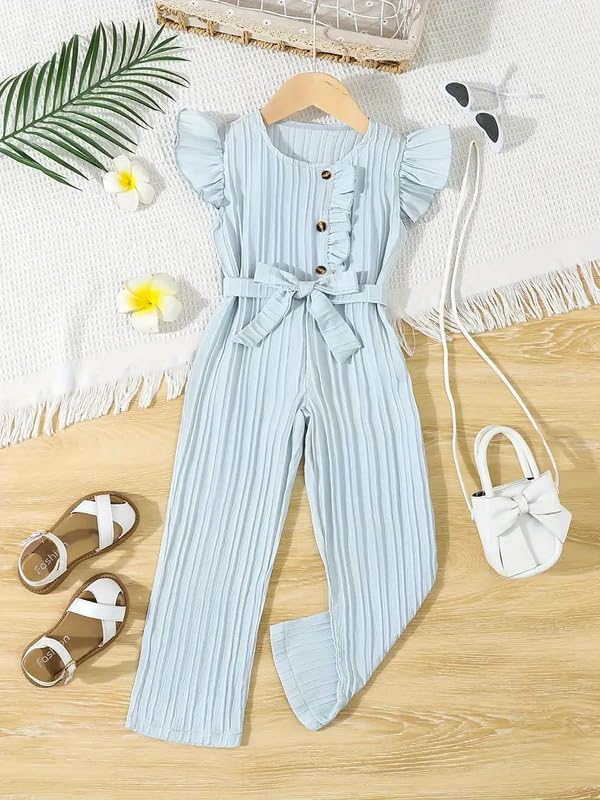 Image of Niren Enterprise Stylish Girls' Pleated Jumpsuit with Ruffle Sleeves, Button-Down Front, and Waist Belt - Comfortable Casual Outfit for Kids